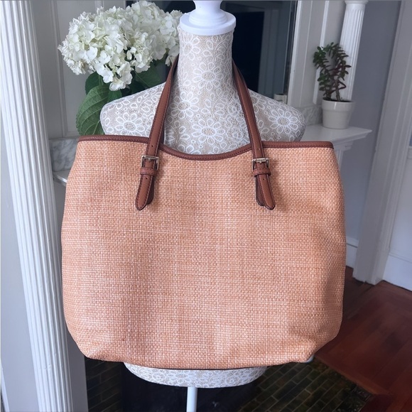 NWT ISAAC MIZRAHI “Lucille” Straw And Brown Leather Large Tote Bag - Picture 8 of 14